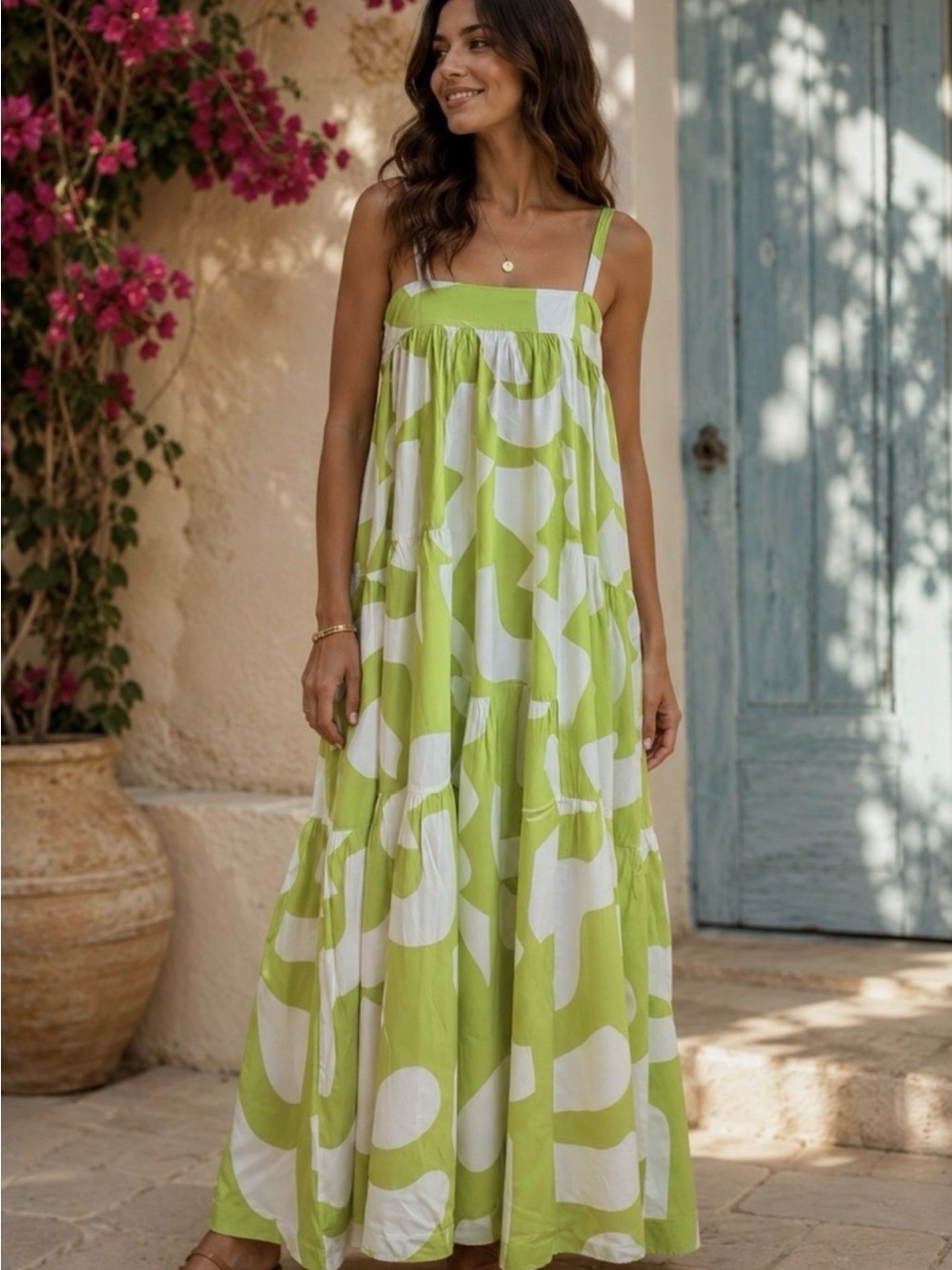 Anthropologie S Small maxi dress Abel the Label citron geometric strappy tier - Picture 1 of 16